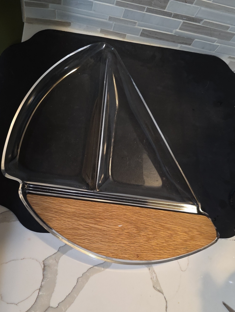 Vintage MCM Clear Acrylic and Wood Tri-Section Snack Tray